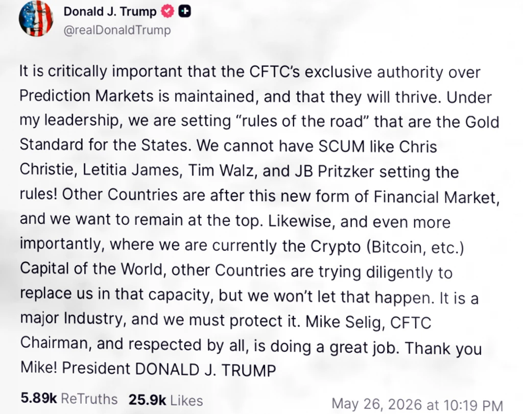 Trump Backs CFTC as Sole Regulator for Prediction Markets插图 Trump Backs CFTC as Sole Regulator for Prediction Markets插图