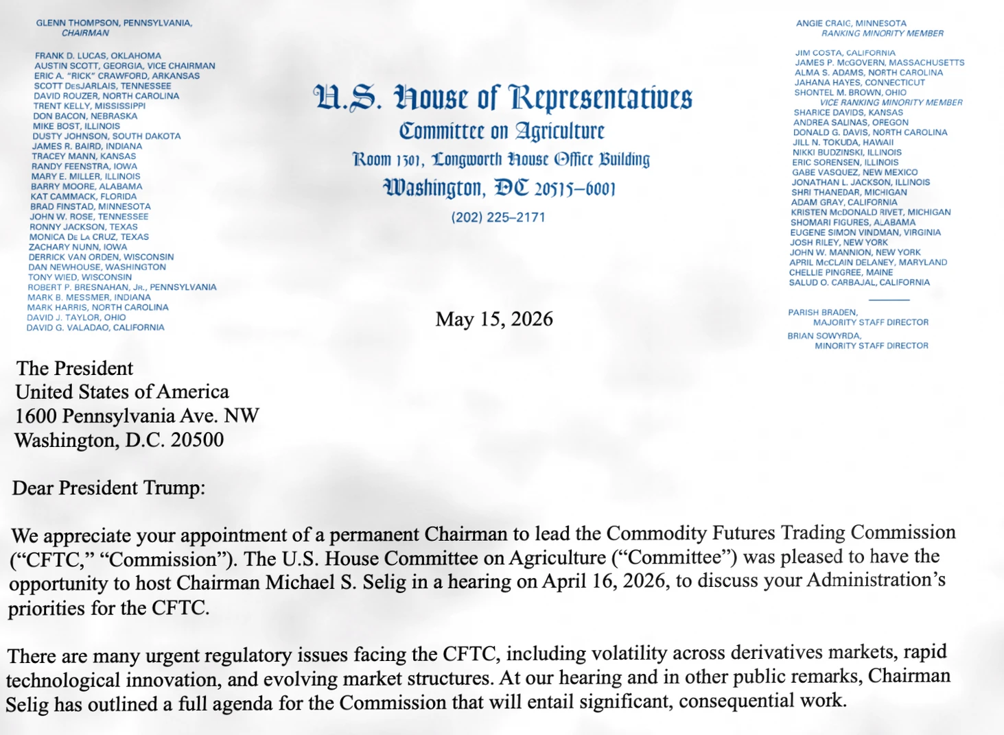 美国众议院农业委员会领导敦促特朗普提名CFTC委员，强调CLARITY法案的影响插图