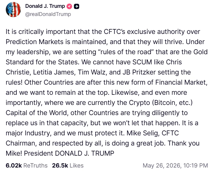 Trump Emphasizes CFTC Should Independently Regulate Prediction Markets to Address State Challenges插图